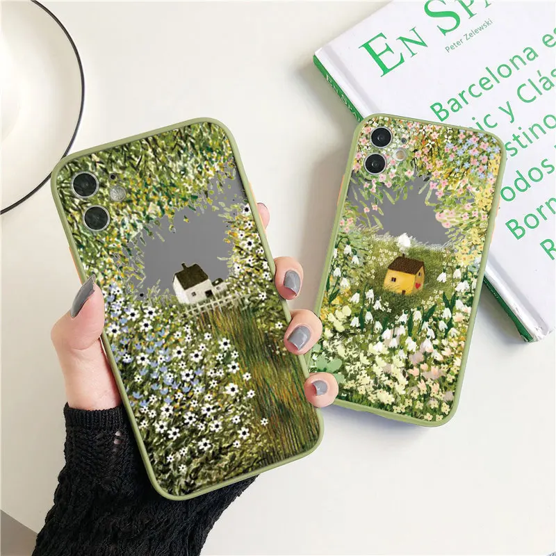 Custodia Per Telefono Dipinta Con Paesaggi Rurali Retrò Per Iphone 11 7 8 Plus Se2 X Xs Xr 14 12 13 15 Pro Max Flower Fields Log Cabin Covers