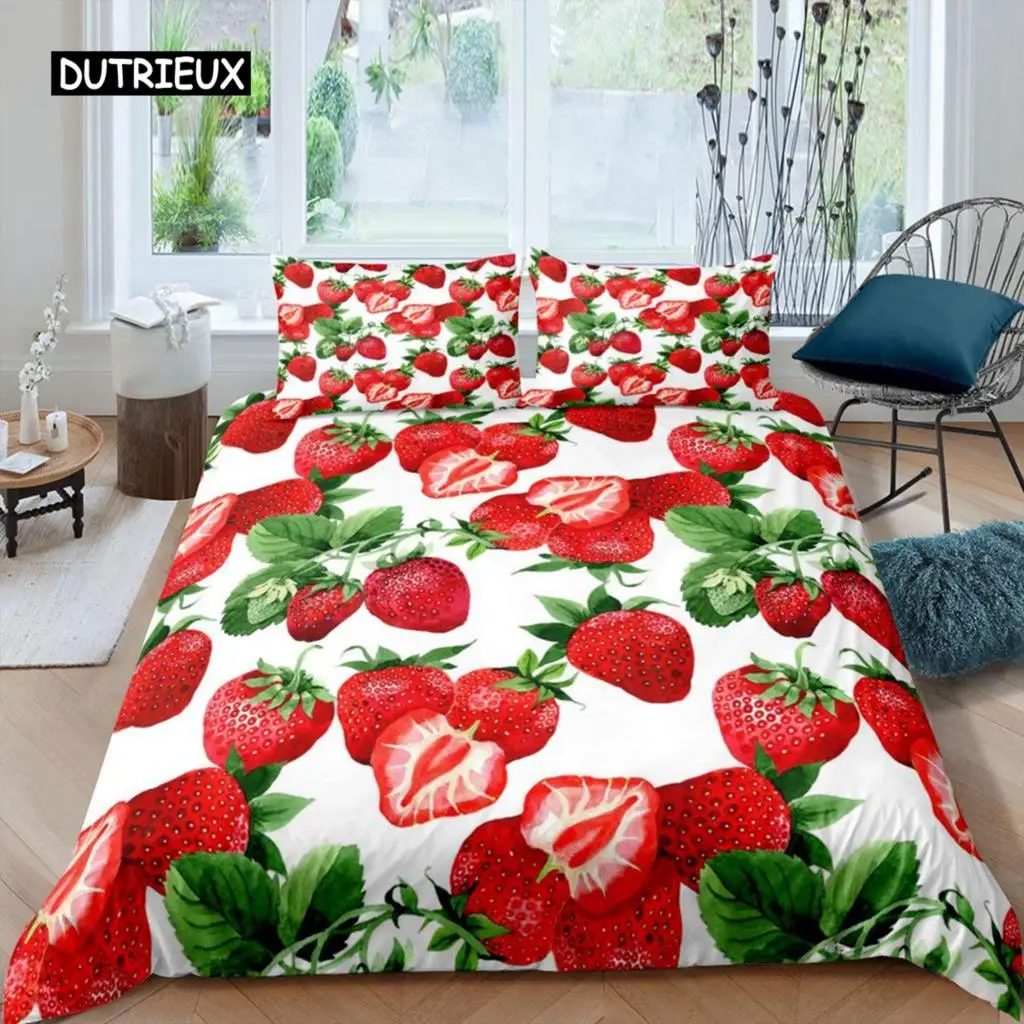 

Strawberry Duvet Cover Set Girl King Size Comforter Cover Set Red Strawberry Bedding Set Food Fruit Quilt Cover for Kids Gift