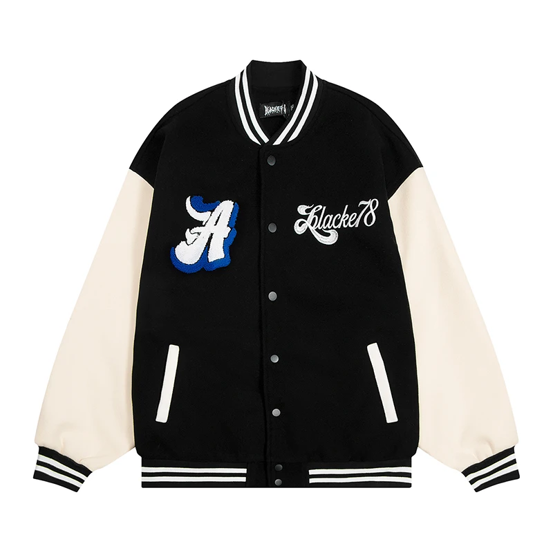 

Autumn Woolen Splice Leather Embroidery Baseball Jacket Men Streetwear Fashion Loose Casual Vintage Bomber Jacket Women Coat
