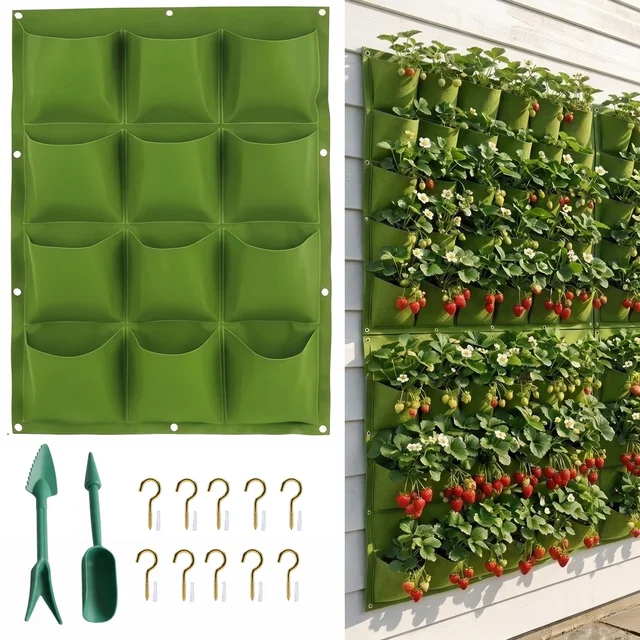 36 Pockets Vertical Strawberry Grow Planter Wall Hanging Flower Pot Bags Felt Garden Balcony Pouch for Railing Balcony Fence