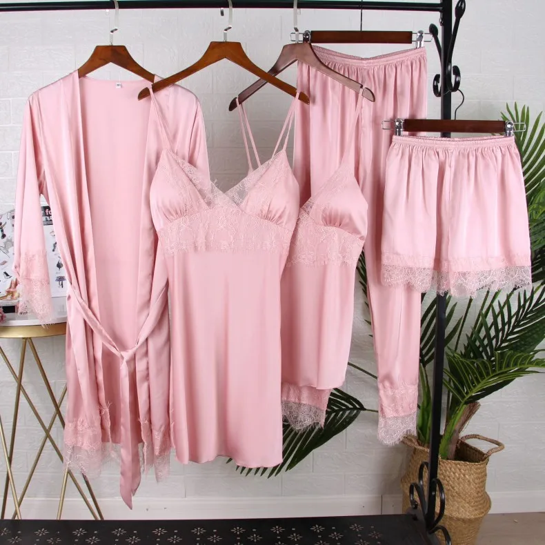 Five Piece Set Of Pajamas For Women In Summer, Sexy Pajamas, Ice Silk SuSpenderS, ShortS With Chest Pads, Korean Lace Home