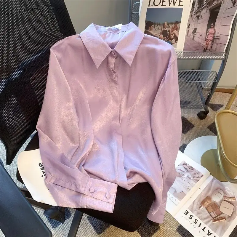 

French Style Shirts Women Gentle Purple Single Breasted Solid Loose Long Sleeve Turn-down Collar Ladies Spring Fashion Pockets