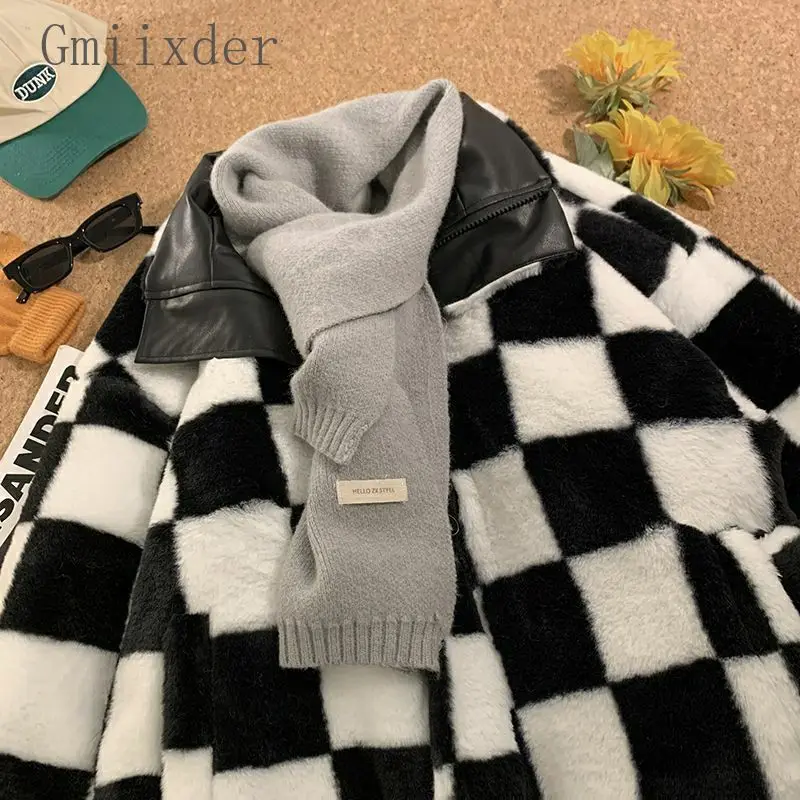 Gmiixder Women Winter New Plaid Parkas Korean Loose Thickened Velvet Letter Print PU Coat Double-sided Checkerboard Plush Jacket