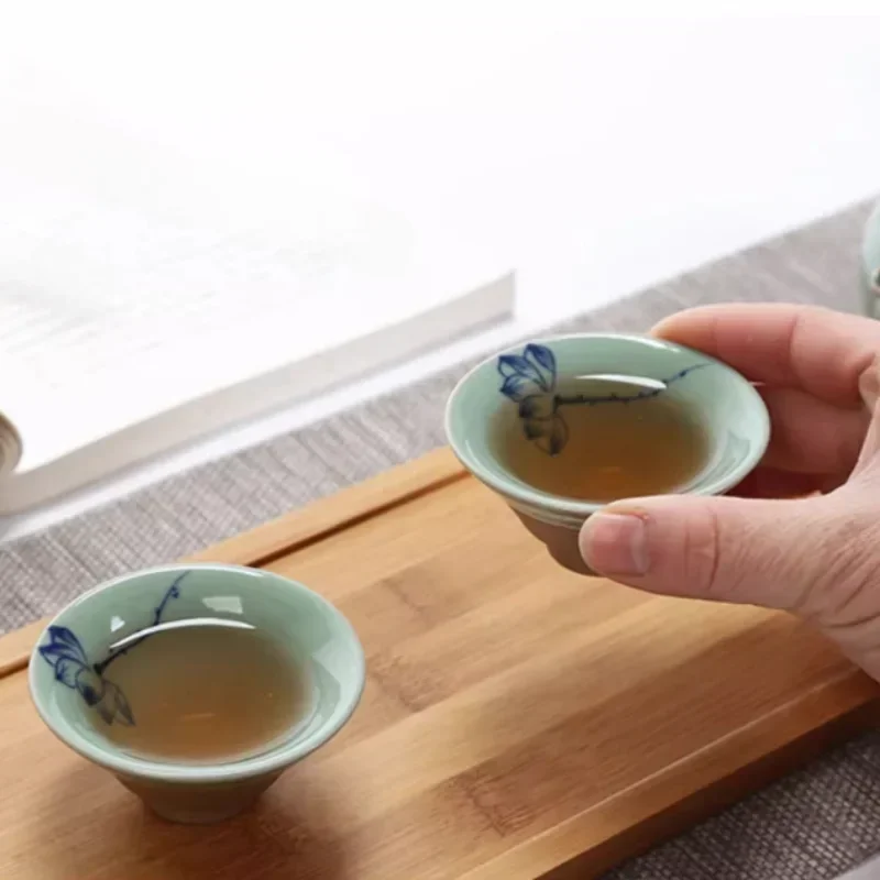 1pc Hand-painted open slice ice cracked rough pottery cup, Japanese master green glaze lotus tea cup, kung fu tea set
