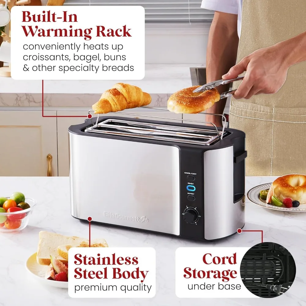 Elite Gourmet ECT-3100# Long Slot 4 Slice Toaster, Reheat, 6 Toast  Settings, Defrost, Cancel Functions, Built-in Warming Rack, Extra Wide  Slots for