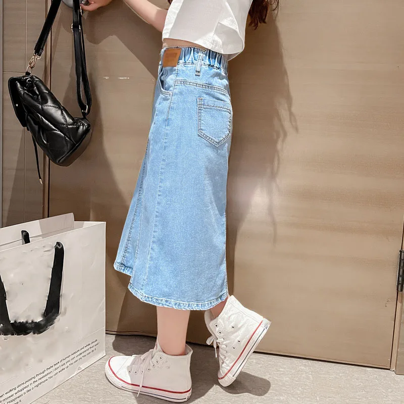 Girls\' Denim Skirt 2022 New Children\'s Skirt Summer Half Split Skirt Big Kids Bomb Street Skirt Children\'s Slim Half Skirt