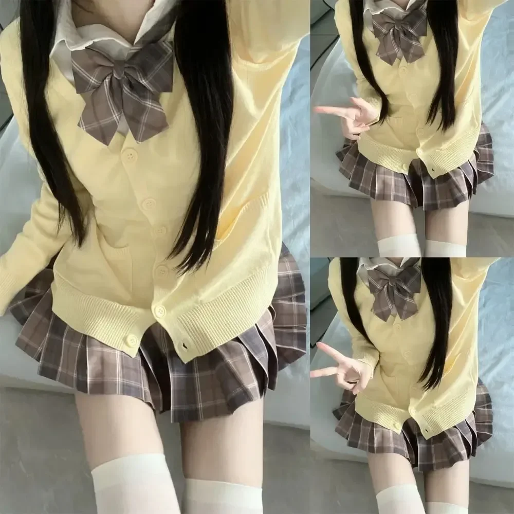Japanese school uniform 3Pc set japanese korean school uniforms multicolor sweater plaid pleat skirt bow jk uniform suit graduation costumes for women