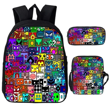 Angry Geometry Dash Cartoon Print Children Backpack 3pcs Set Boys Girls School Bags Large Capacity Bookbag Back To School Gifts 1