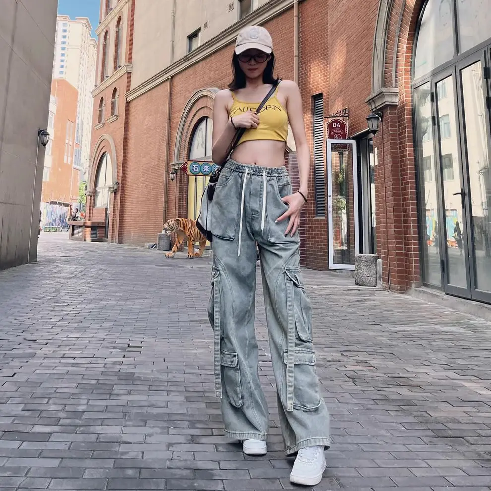 American trend 2024 new street summer loose fitting work jeans for men and women straight leg multi pocket casual pants y2k 5
