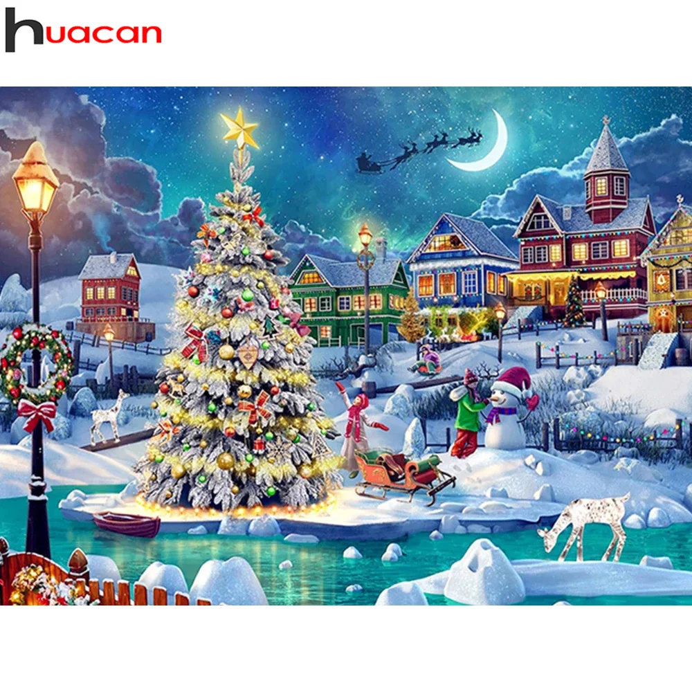 Huacan Diamond Painting Christmas Tree Diamond Embroidery Mosaic Winter House Scenery Home Decor