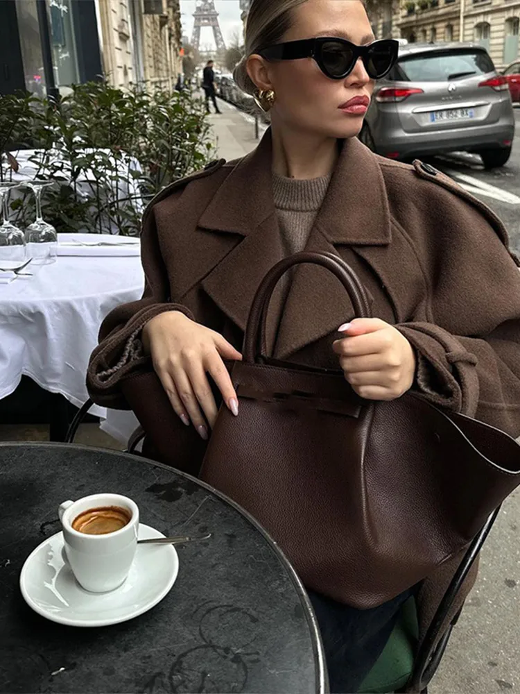 Wool Overcoat Women Long Sleeve Double-breasted Casual Lapel Neck Short Blend Jacket Ladies Stylish Street Outerwear