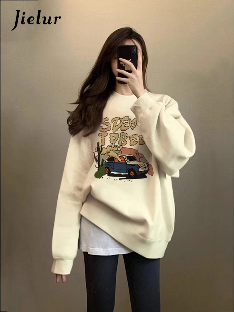 

Jielur Winter White Chicly Printing Loose Female Hoodies Solid Color Basic Simple Casual Classic O-neck Fashion Women Hoodies