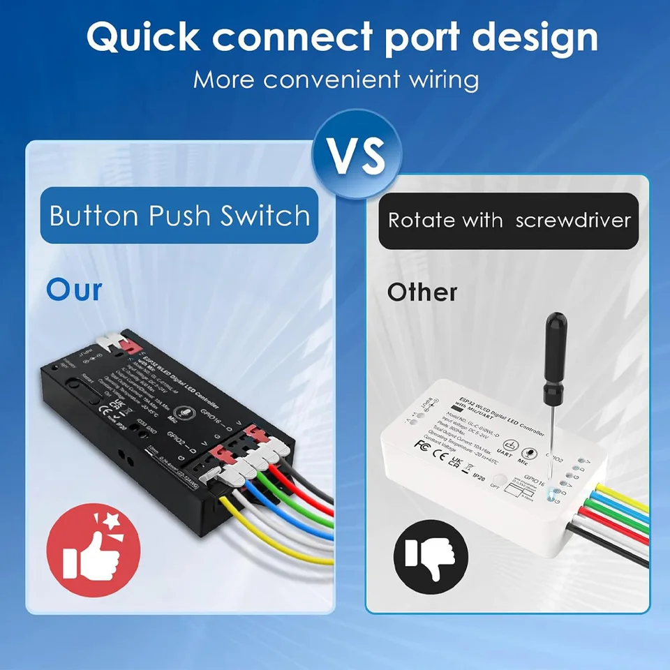Controller LED WLED Compatto IUmuzter Con ESP32 E Microfono – DC 5V-24V Per Strisce Indirizzabili WS2812B, SK6812, WS2815 – 2 Canali