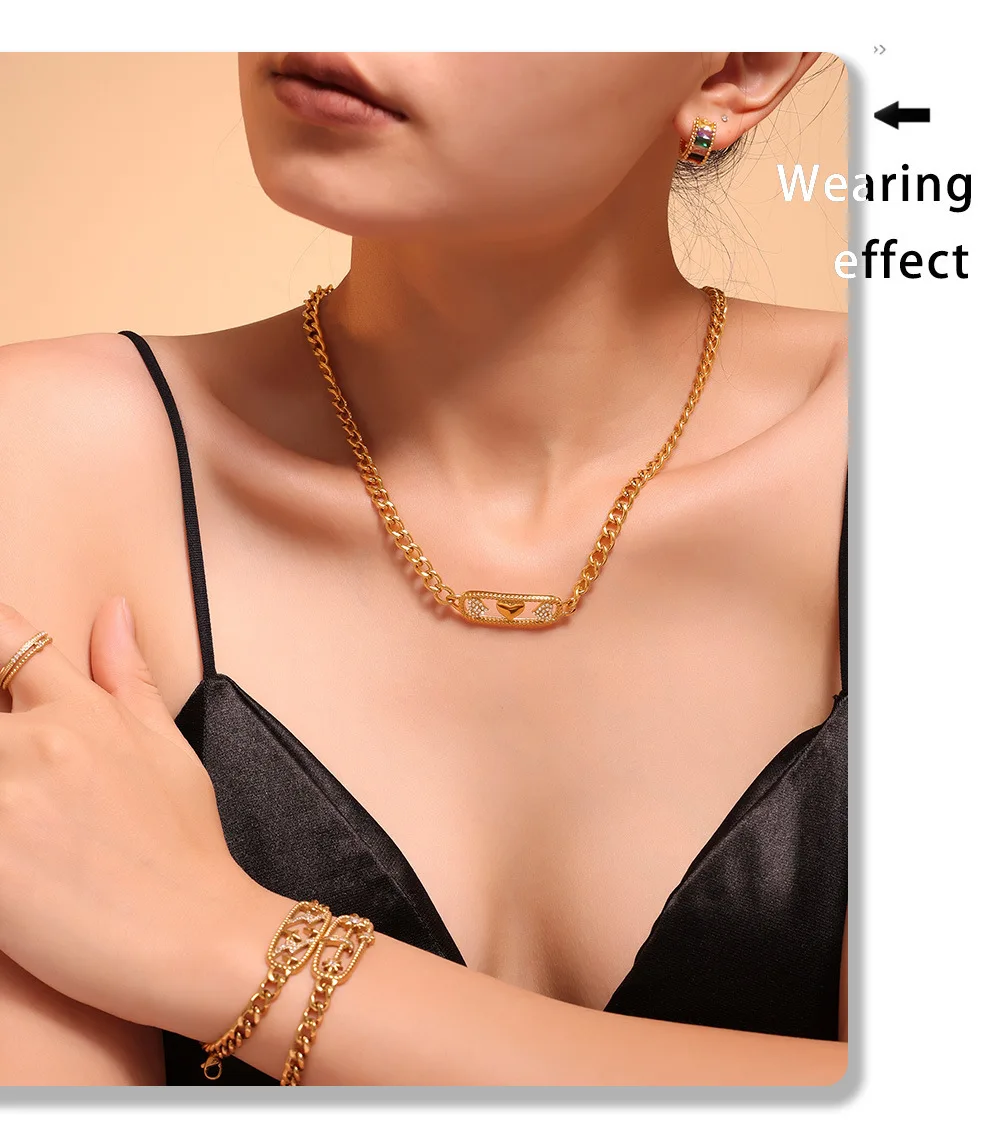 Herz Mond bunte Halskette Armband Set für Frauen Edelstahl vergoldet Glas eingelegt Charm Hip Hop Kette Schmuck Geschenk – Detail 4