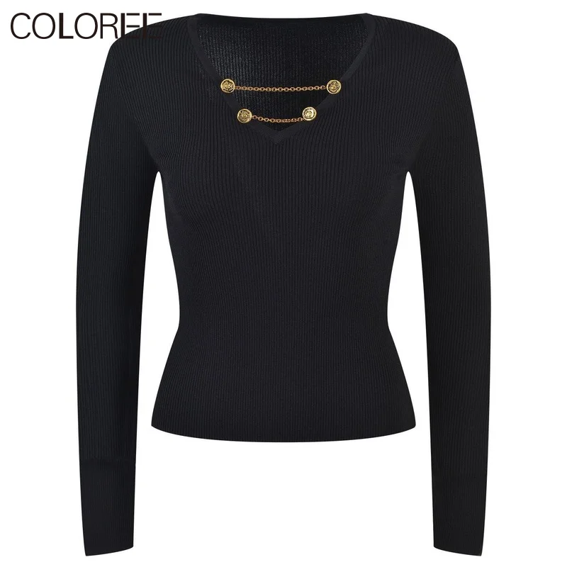 

Luxury Gold Chain Long Sleeve Top 2023 Autumn Winter Runway Designers Sweaters Casual V-neck Black Knitted Pull Femme