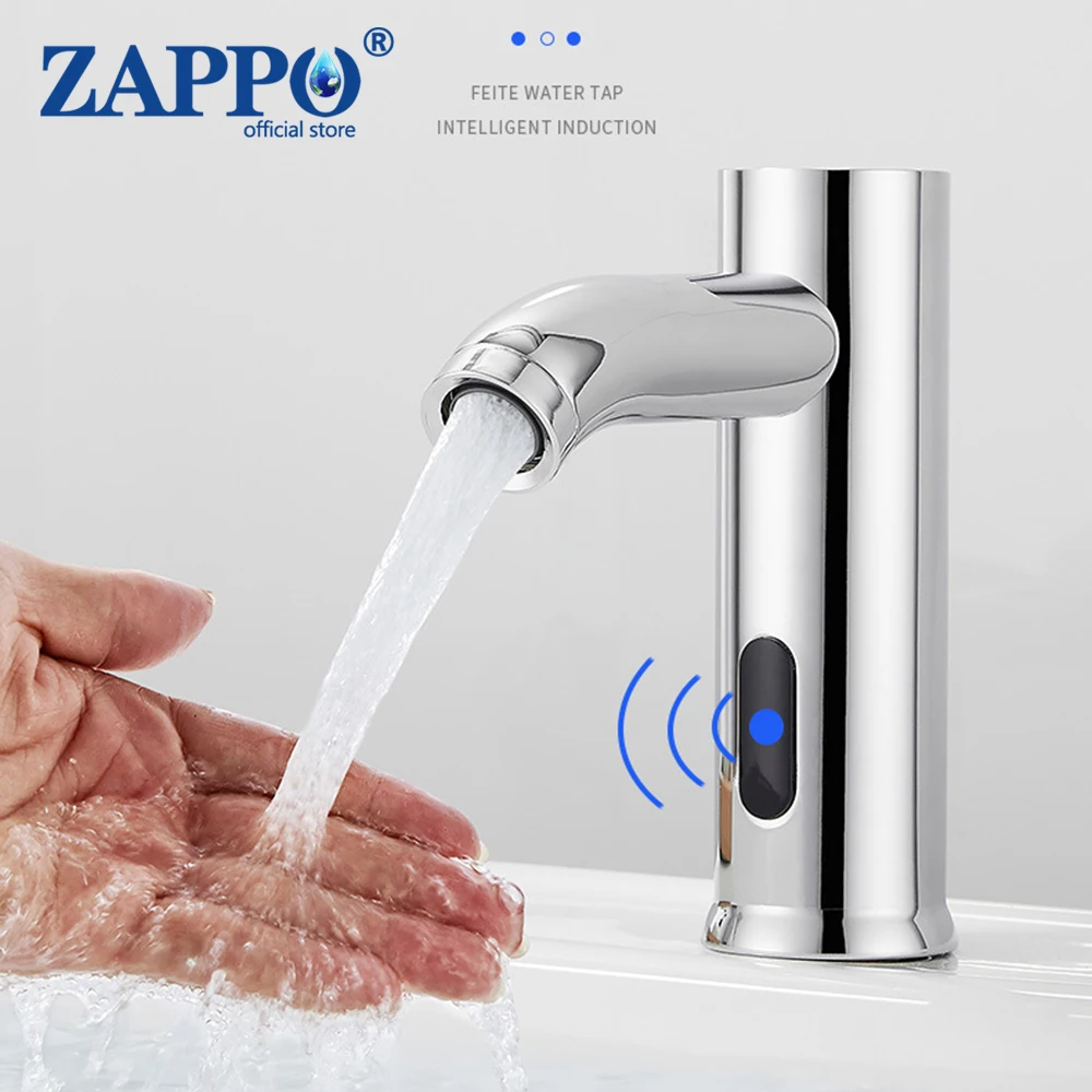 zappo-バスルーム用自動赤外線蛇口センサー、節水、誘導電気洗面器ミキサー、ホットおよびコールドウォーター、タッチレスタップ、シルバー