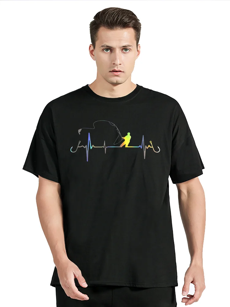Lustige T-Shirt Angeln Herzschlag Vintage Grafik T-Shirt neue lässige T-Shirt Herren bekleidung übergroße T-Shirt O-Ausschnitt Baumwolle Tops