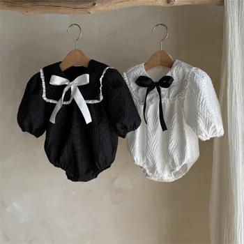 2025 Autumn New Baby Girl Long Sleeve Bow Lapel Bodysuit Loose Newborn Cotton Jumpsuit Infant Toddler Princess Girl Clothes