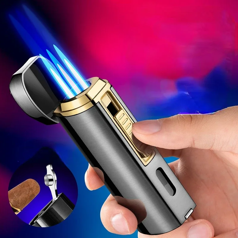 New Luxury Cigar Lighter Torch Metal Straight Jet Butane Lighter Smoking Accessories Cool Cigar Punch Men's Gifts 3