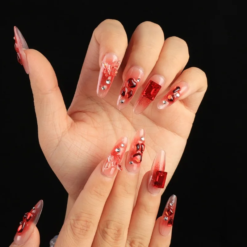 

10 Pcs Handmade Glossy Long Coffin Press on Nail Pinkish French Fake Nail 3D Butterfly Fake Nails Girls Gifts