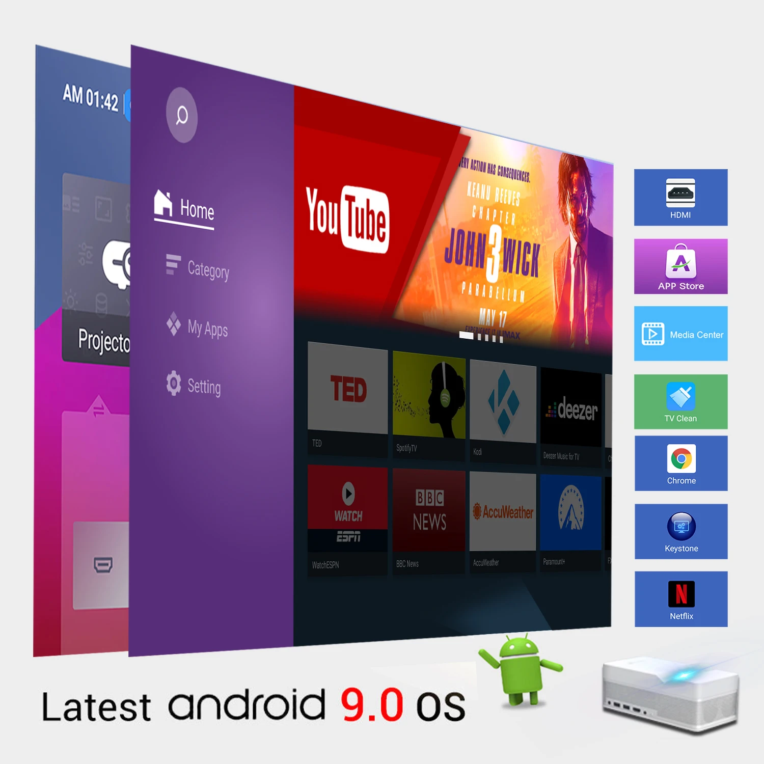 ZAOLIGHTEC P9 4K 스마트 단초점 안드로이드 프로젝터, 홈 시어터 1000 ANSI 루멘 DLP 울트라 HD 야외 휴대용 프로젝터