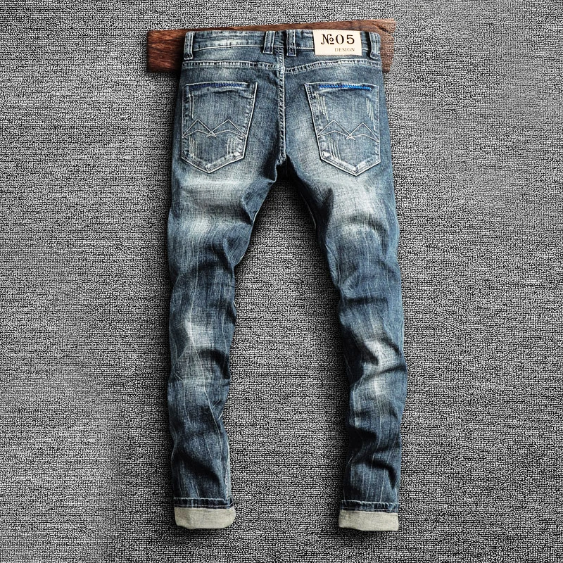 Italian Style Fashion Men Jeans Retro Blue Elastic Slim Fit Ripped Jeans Men Trousers Vintage Designer Casual Denim Pants Hombre 4