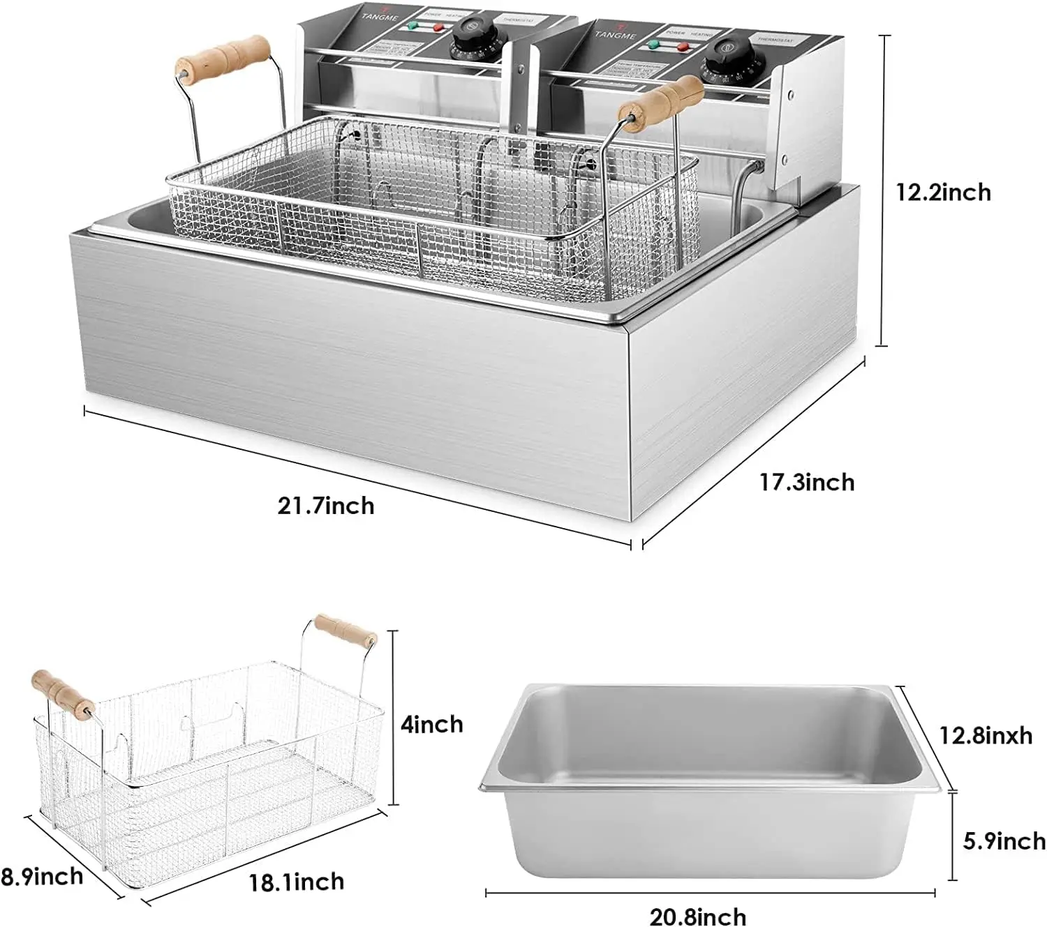 Commercial Deep Fryer 3400w Electric Turkey Fryer with 3 Baskets 22L/23.25Qt 1mm Thickened Stainless Steel Countertop