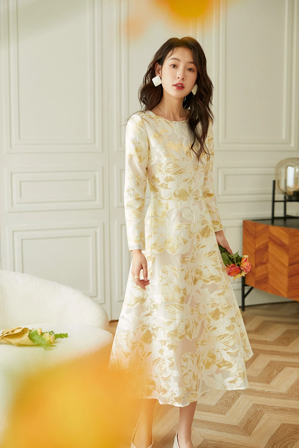 最終値下げ！【即完売品！】Bloom-Sleeve Jacquard Dress Bloom-Sleeve Jacquard Dress（ワンピース）｜Her lip to（ハー
