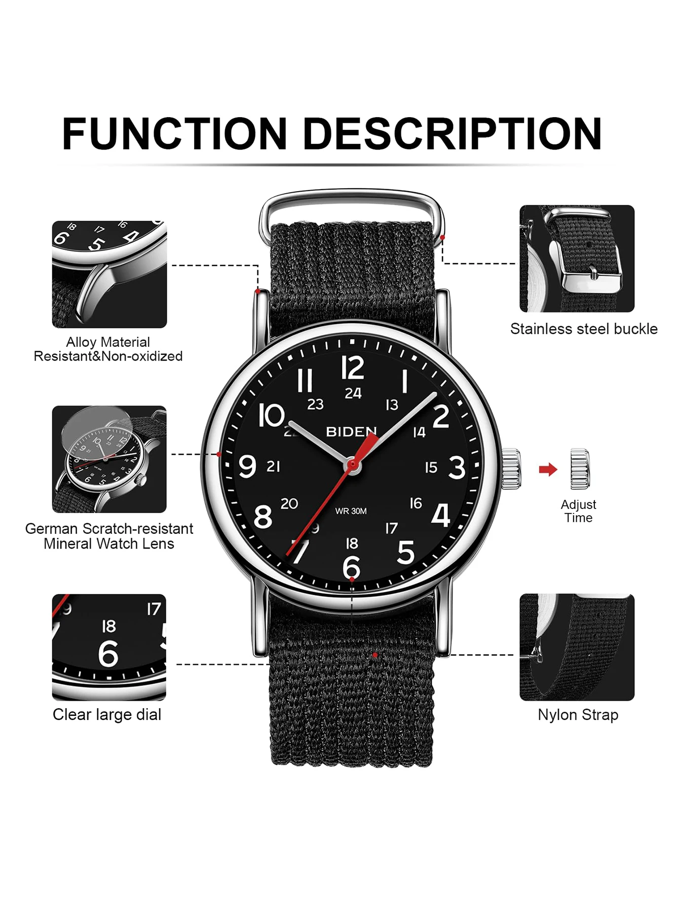 Foreign trade watch men's large dial quartz waterproof sports circular nylon strap simple casual gift exquisite watch box 5