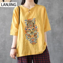 

Short-sleeved cotton and linen T-shirt women's 2021 summer new buckle V-neck loose embroidery ethnic style red linen top trendy