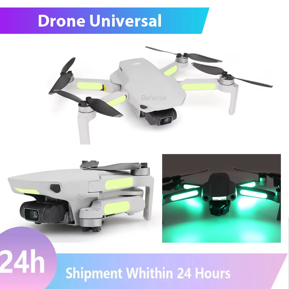 Drone DJI Mavic équipé d'autocollants lumineux en plein vol de nuit, traînée lumineuse visible.