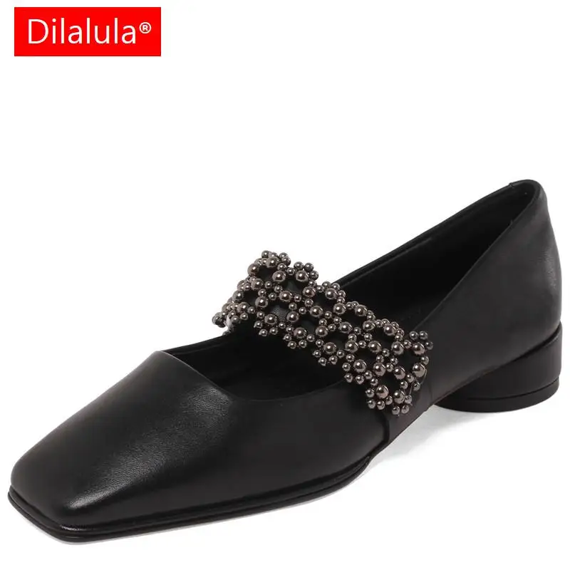 

Dilalula 2023 New String Bead Ladies Round Med Heels Dress Shoes Genuine Leather Shallow Shoes Sweet Women Pumps