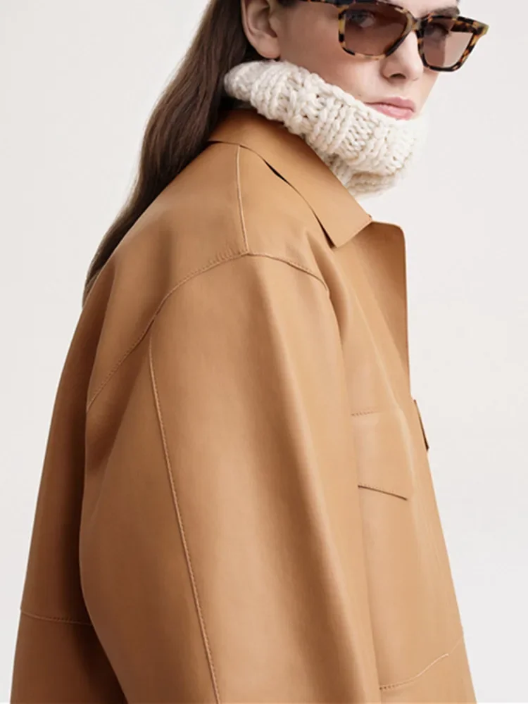 Chaqueta de piel sintética para mujer, abrigo con cuello vuelto, bolsillos con cremallera, estilo Safari, otoño