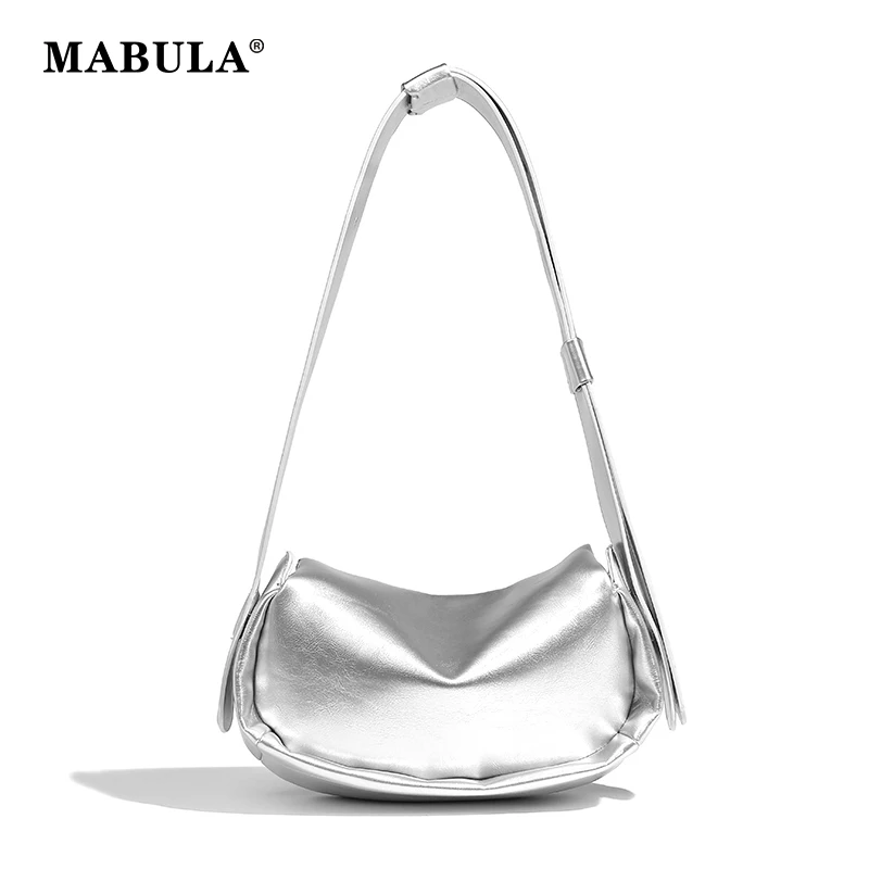 

MABULA Silver Widen Strap Pu Leather Underarm Shoulder Purse Simple Stylish Dumpling Hobo Bag Fashion Crossbody Chest Handbag