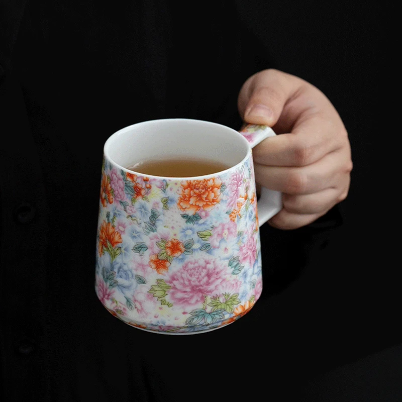 Chinese Style Ceramic Cartoon Floral Pattern Mug, Personal Creative Teacup, With Cover Filtered Tea Water Separation, 350ml, 1Pc