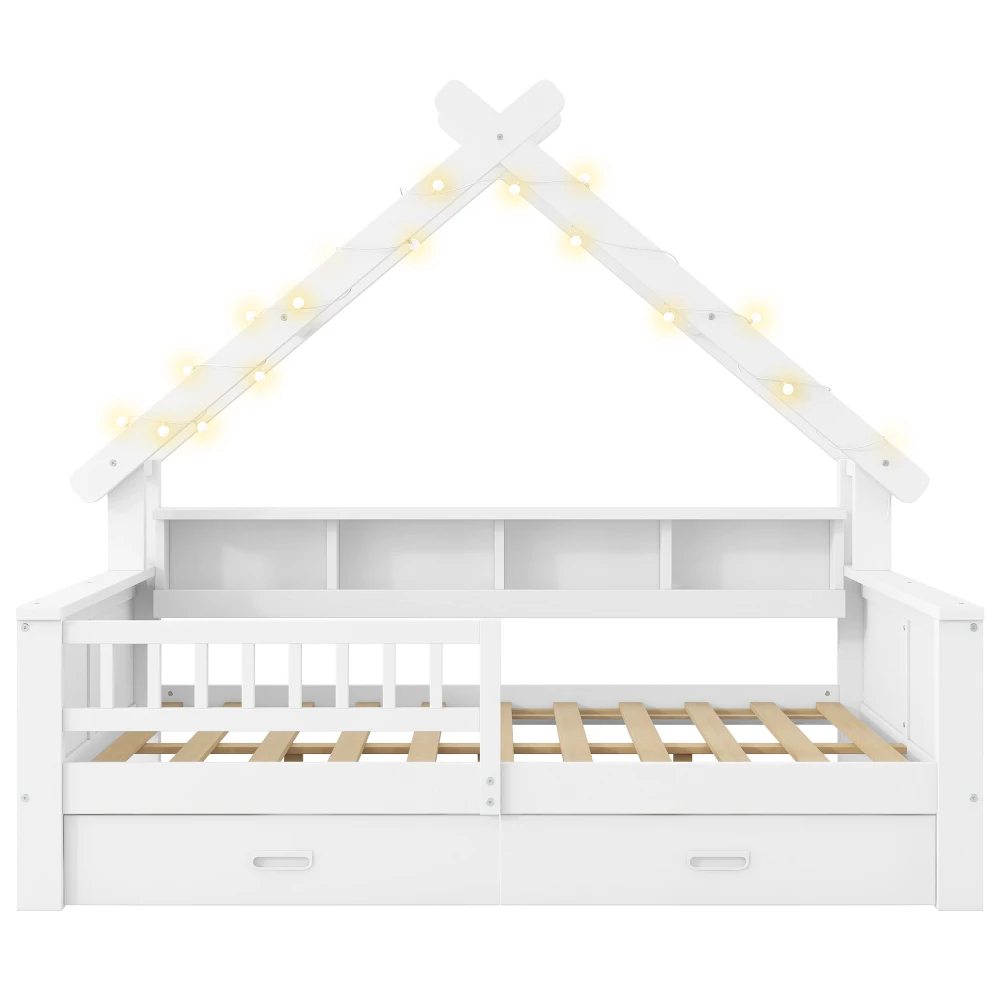 90 x 200 cm/140 x 200 cm großes Plattformbett aus Holz in Hausform, mit LED-Beleuchtung, Ablagefächern, Schubladen und Schutzgitter – Detail 32