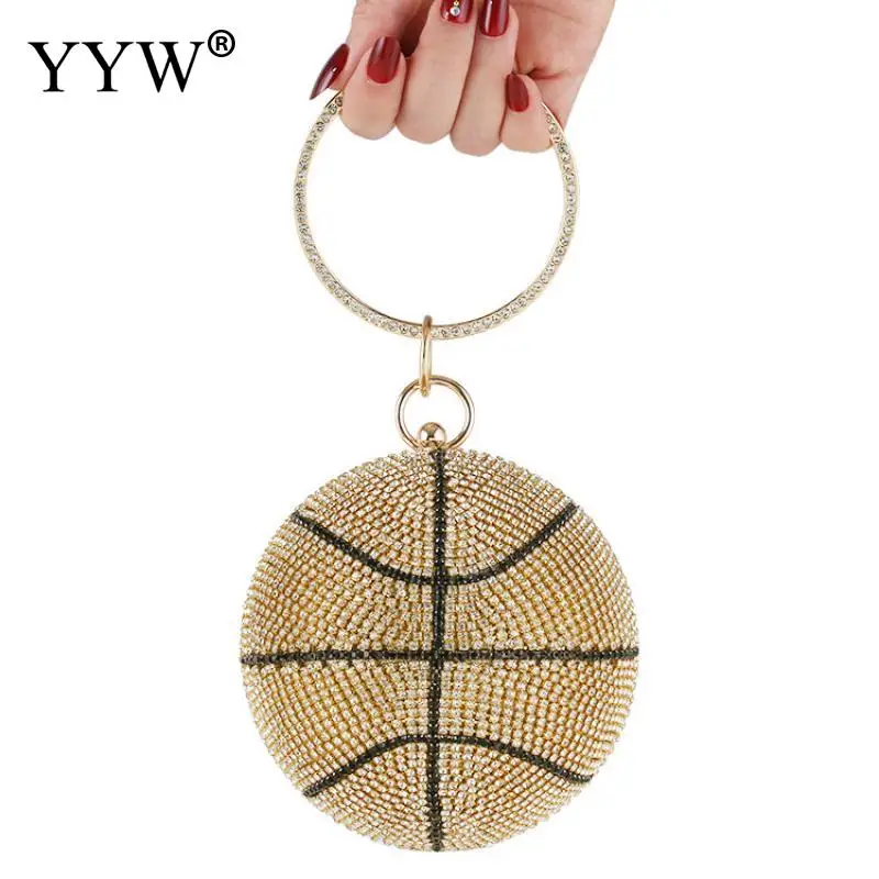 Fashion 3D Diamond Basketball Round Ball Gold Clutch Purses For Women Evening Rhinestone Handbags Ladies Party Dinner Totes Bag