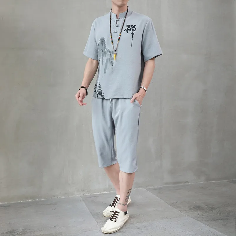 

Summer Chinese style Clothing Set Samurai Man T-shirt five point shorts Breathable Chinese Suit Kimono Top five shorts Outfit H