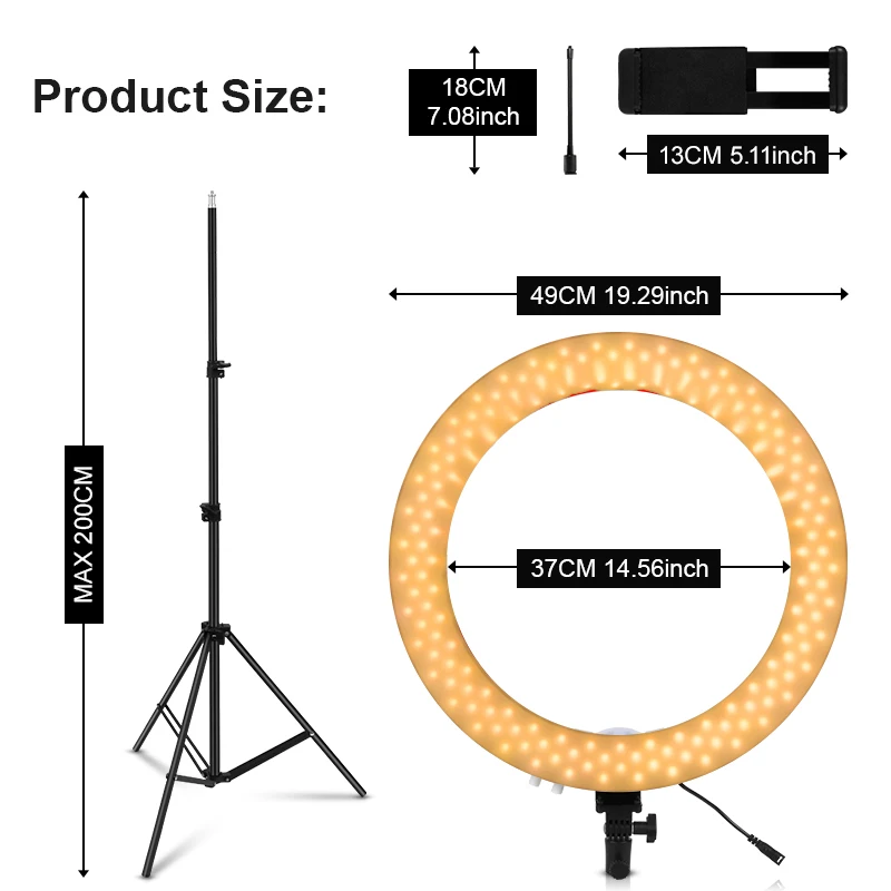 18” Ring Light With Tripod – LED Bi-Color 3200K-5500K, Dimmable, 48W, Includes Phone Holder, Remote, 3 Hot Shoes, USB Port, Carry Bag