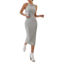 Solid Halter Neck Bodycon Midi Dress High-end temperament vest halter dress women's summer new high-waist slim temperament slim - Image 2