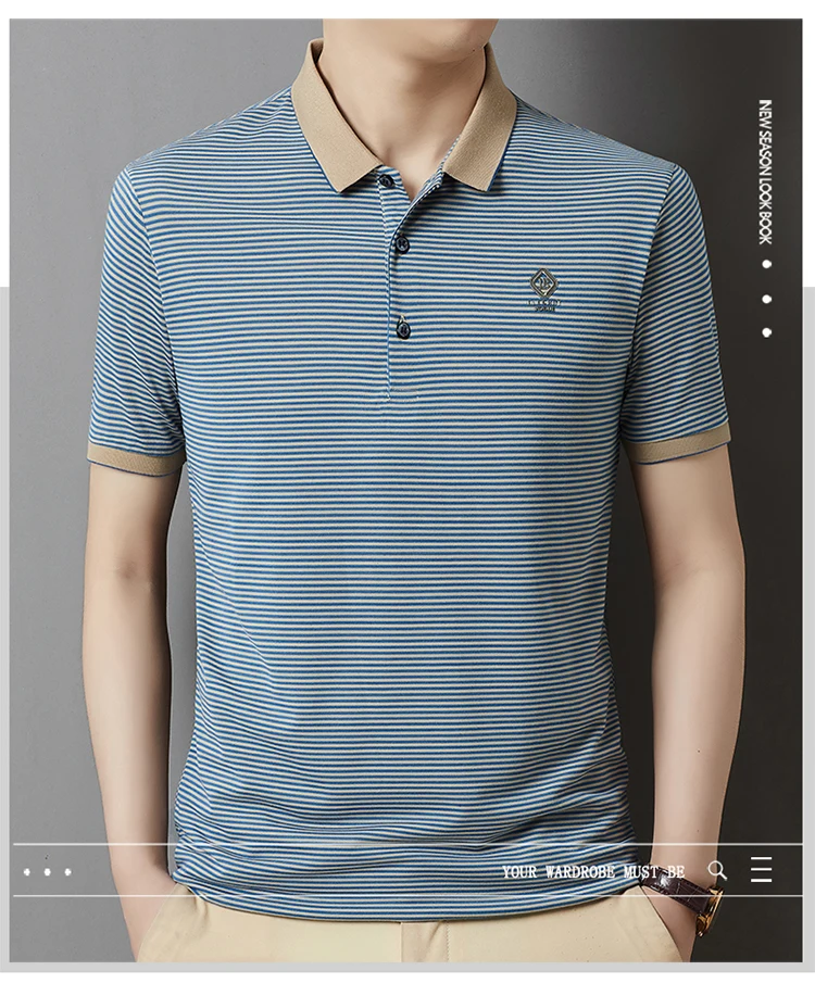 Summer Business Casual Quality Cotton Breathable Comfortable Lapel Polo Short Sleeve Striped Print Design Korean T-shirt Top 11 S92d458c4372f42eab89d84a785821a97u