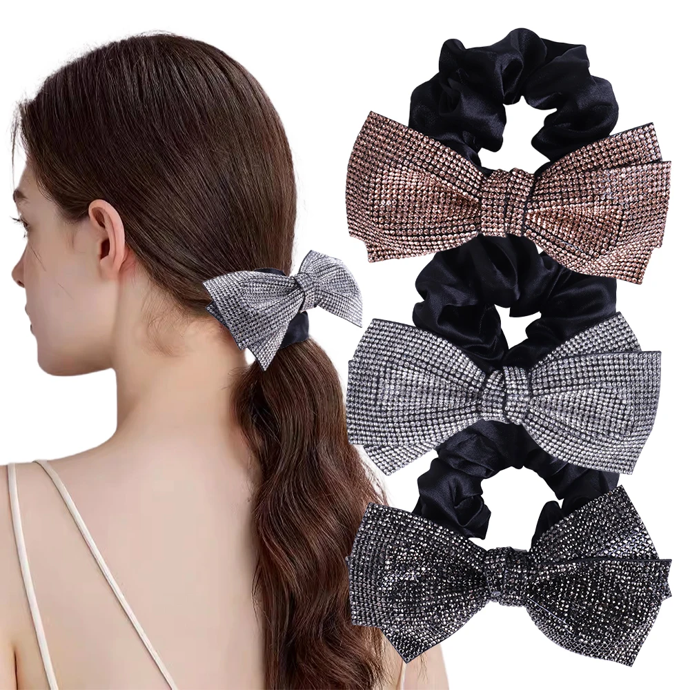 Korean Diamond Bow Scrunchie Women Luxury Rhinestone Hair Rope Girls Superior Sense Shiny Ponytail Headband Hair Accessories punk western rhinestone belts for men metal solid diamond casual luxury shiny adult strap cowboy cowgirl cinturones para hombre