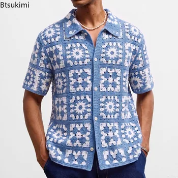 Nuove Camicie Polo da Uomo a Quadri con Lavorazione a Crochet, Traspiranti, a Maniche Corte, Casual, Stile Retrò, Maglieria Estiva