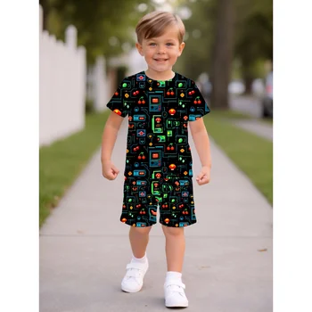 2 Pcs Boy Clothes Baby Cute Sets Summer Adventure Print Outfit Happy Child Outdoor Play Fun Pattern Kids Fashion Trendy Design C 1