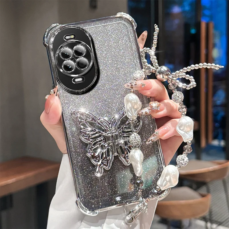 Gradient Glitter Pearls Butterfly Wrist Chain Holder Stand Shockproof Phone Case