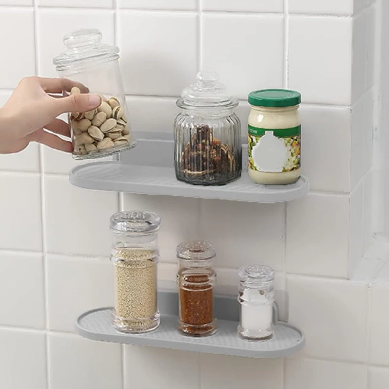 Bathroom Storage Shelf Plastic Wall Mount Shelf Adhesive Soap Shower Shelves Seasoning Bottle Bracket Storage Rack   رف تخزين 4