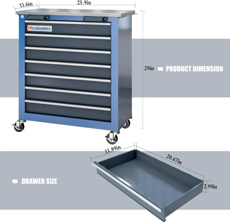 7-Drawer Combined Storage System Tool Chest Rolling Tool Chest Toolbox with 360° Lockable Wheels and Padded Feet 3