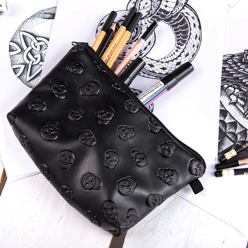 Black Skull Cosmetic Bag Women PU Leather Makeup Bag Travel Organizer For Cosmetics Toiletry Kit Bag Dropshipping 2