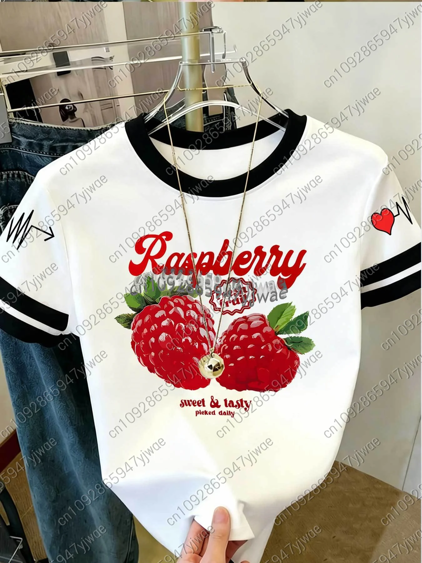 2026 Womens Short Sleeve Color-Block Fresh Raspberry Print Y2k T Shirt Girl Round Neck Tee Outdoor Sports Adult Women's T-Shirt 5