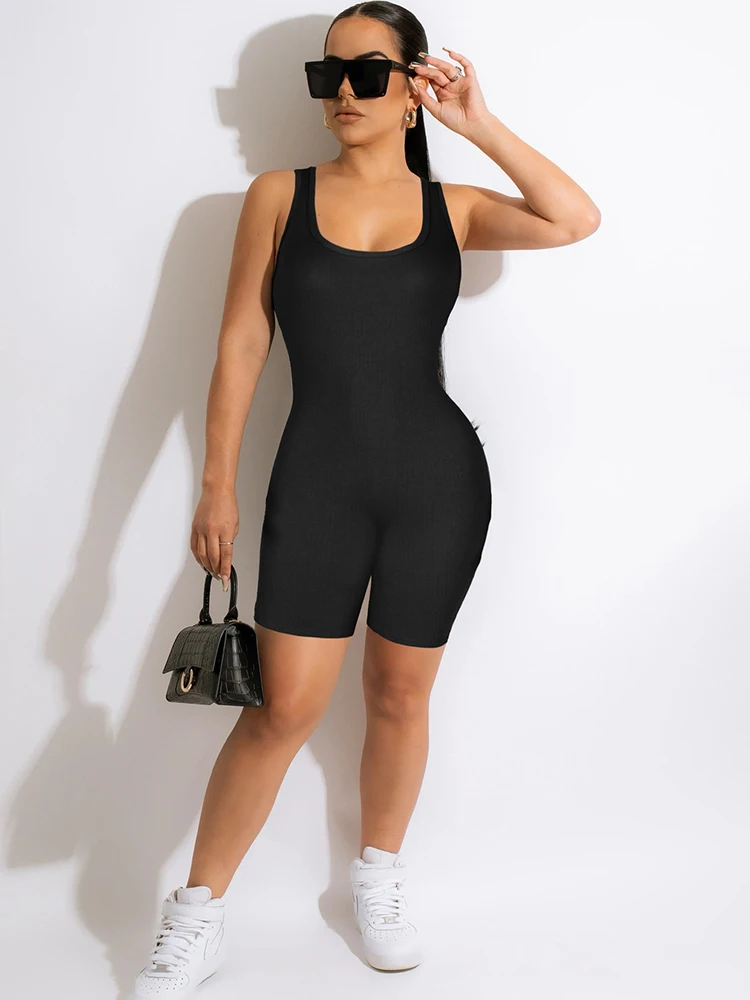 Sports Casual Knit Bodycon Jumpsuit Women Sexy O-Neck Sleeveless Biker Playsuit Summer Female Stretchy Skinny One Piece Overalls women s jumpsuit sexy women print playsuit women rompers fall summer sleeveless sport casual slim overalls shorts women clothes